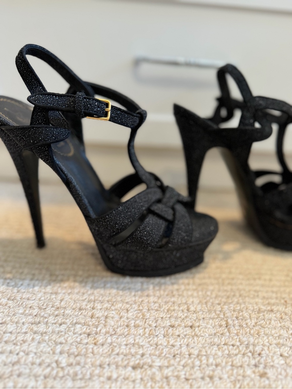Yves Saint Laurent Black Glitter Platform T-Strap Heels - Picture 2 of 6